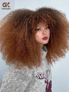 Gktineke Wig Synthetic Heat Resistant Wigs Curly Wigs Coily Textured Wigs For Women Spring Curl Short Wigs With Bangs Brown 16 Inch Heat Resistant Fiber Bangs Wig For Women Daily Used High Density Stylish Wigs