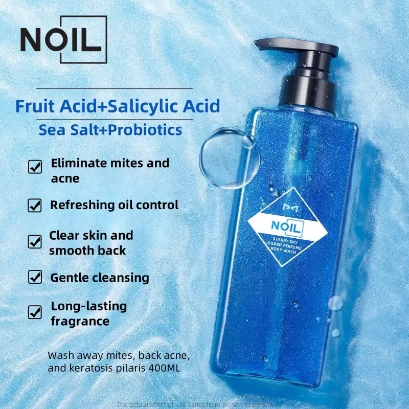NOIL Aquablue Body Wash – Dual Acid + Probiotics, Fights Body Acne, Oil & Itch | 72H Scent | 400ml