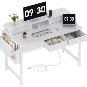 White Computer Desk with Fabric Drawers for  Office, 40 inch Vanity Makeup Desk with Drawers Storage for Bedroom, Writing Study Table with Power Outlet &  Stand, White