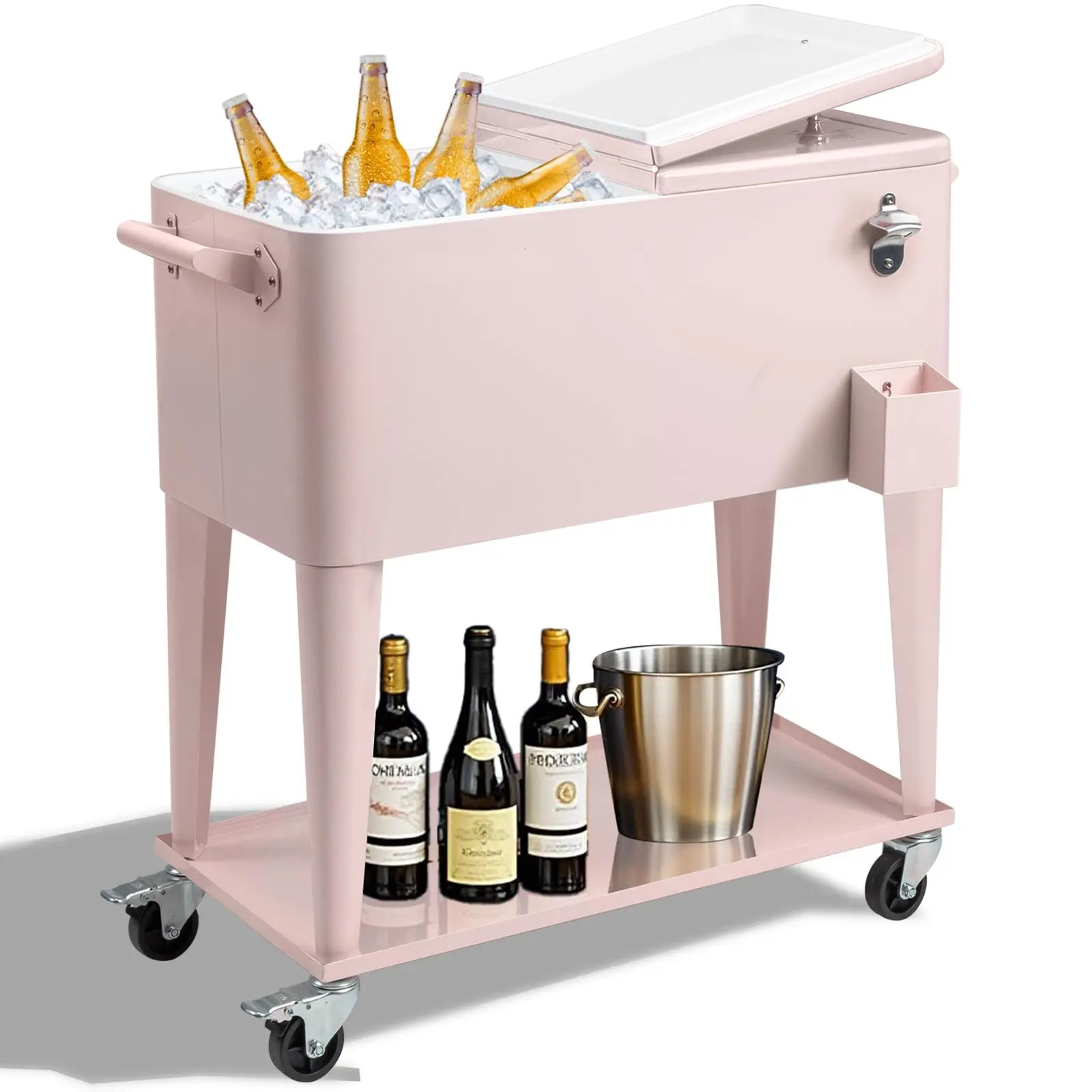 【Summervibes】Ubesgoo 80 Quart Rolling Ice Chest, Portable Bar Drink Cooler with Catch Basin, Bottom Storage Tray and Bottle Opener for Patio Party BBQ Beach Activities