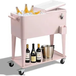 【Summervibes】Ubesgoo 80 Quart Rolling Ice Chest, Portable Bar Drink Cooler with Catch Basin, Bottom Storage Tray and Bottle Opener for Patio Party BBQ Beach Activities