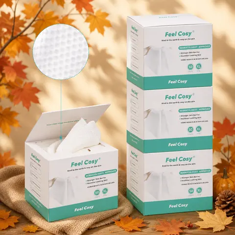 FeelCosy New & Improved Disposable Facial Cleansing Wipes - 200 Count (4 Boxes, 50 per Box), XL Size, Ultra Soft Gentle Thick Compostable Eco-friendly Toss Towels, Chemical-Free for Sensitive Skin Adults, Cosmetic Makeup Remover Bathroom Home Supplies