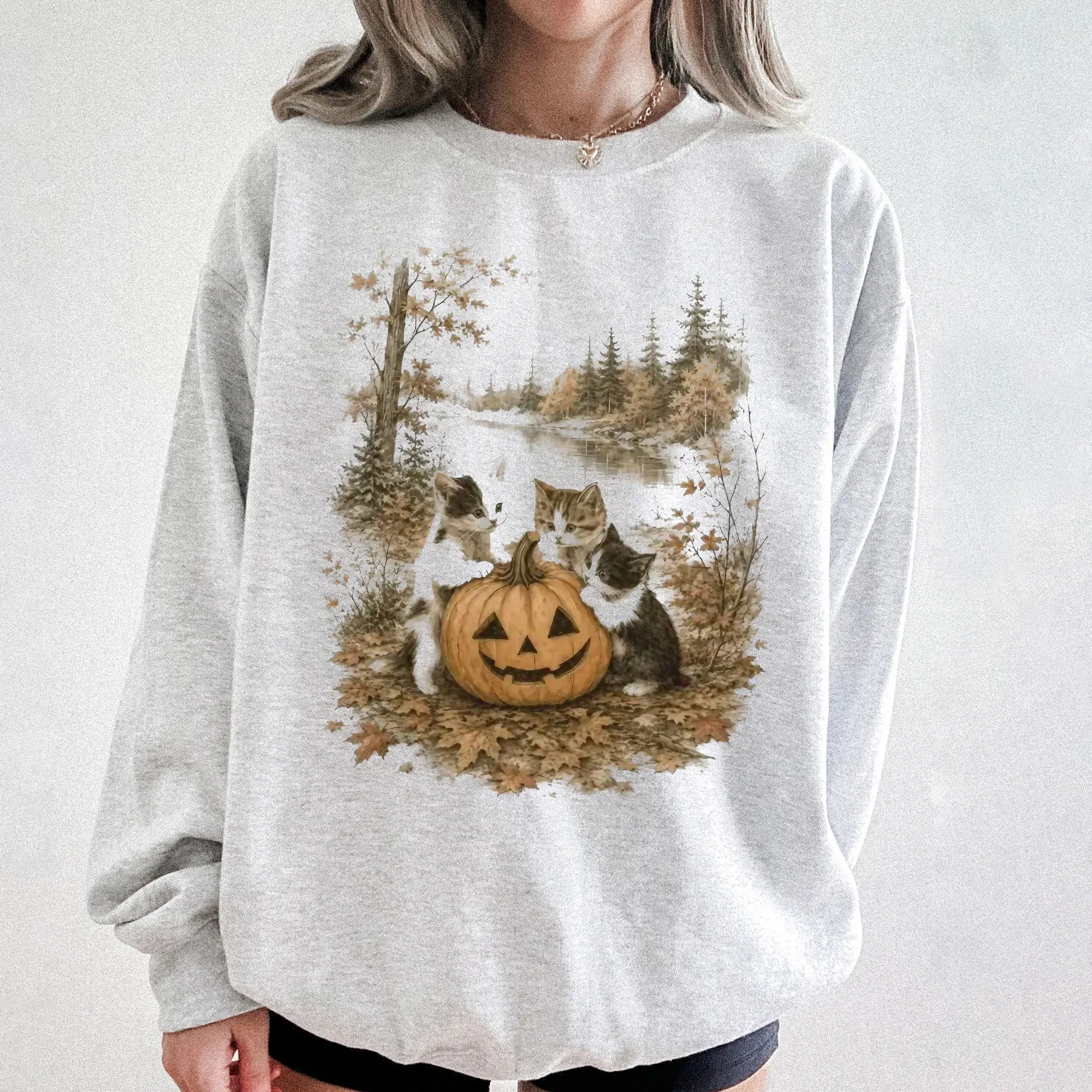 Vintage Halloween Cat Sweatshirt, Pumpkin Kittens Graphic Tee, Cottagecore Autumn Cat Lover Pullover, Cute Fall Animal Sweatshirt