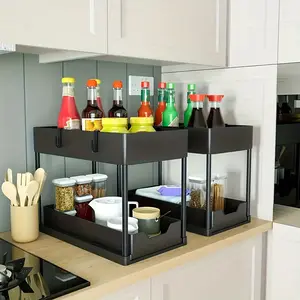 2Pcs 2-Tier Pull Out Organizer, Kitchen Sliding Organizing Rack with Hooks, Includes Spices & Utensils Storage, Under Sink Organizer for Spices