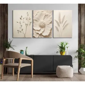 3-Piece Large Beige Floral and Plant Canvas Wall Art - Modern Home Decor, Suitable for Living Room, Office, Dining Area - Textured Floral and Plant Design, Perfect Christmas Gift Hanging Print Ornaments Decoration Artistic Photo