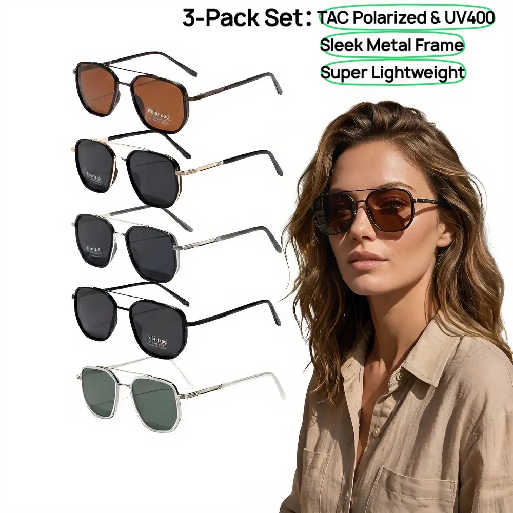 3-Pack Retro Double Bridge Sunglasses, Premium TAC Polarized Metal Frame Aviator Glasses for Men and Women Driving Outdoor
