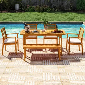 COSTWAY - 6 Pieces Outdoor Acacia Wood Dining Set with Umbrella Hole