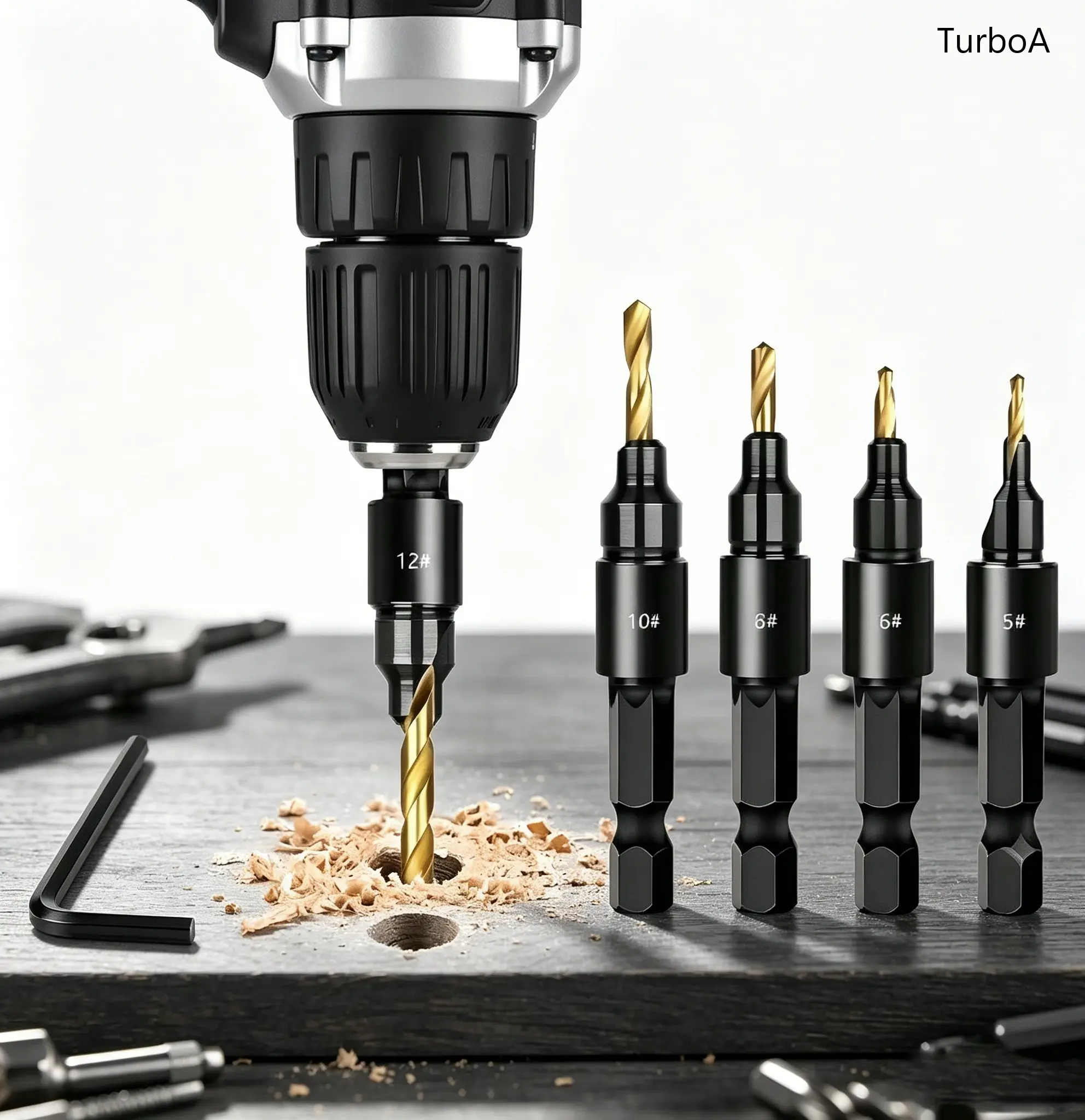 5 PCS Adjustable Countersink Drill Bit Set #5#6#8#10#12, Wood Chamfer Screw Hole Drill Bits with Depth Stop Limiters, Multipurpose Woodworking Counter Sink Drilling Tool Kit