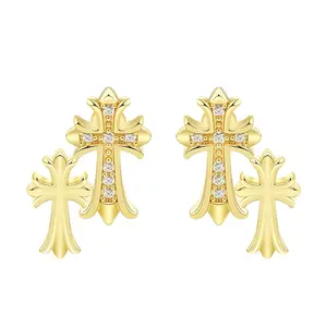 【PANG Jewelry】Zircon Cross Stud Double Cross Chain Earrings Made of Copper With a Unique Design and Elegant Charm