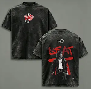 Michael Jackson BAD Vintage Acid Wash Oversized T-Shirt Front BAD Crown Logo Back Beat It MJ Portrait Graphic Distressed Black Unisex Crewneck Soft Cotton King Of Pop Tee Ideal Gift For MJ Fans Retro Music Concert Street OutfitGrunge Graphic Album T-Shirt