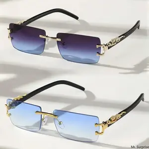 2-PC Frameless Rectangular Oversized Sunglasses, UV Protection Plastic Eyewear with Blue Light Blocking Lens, Trendy Rimless Personalized Unisex Female Fashion Sun Glasses for Daily Casual Wear