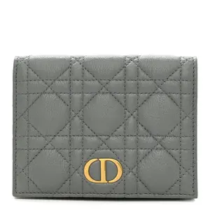 Pre-owned Dior Leather Small Leather Goods Grained Calfskin Supple Cannage Caro Medium Wallet Grey