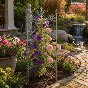 ARCH Sungmor 25.6'' by 67.72''Iron Garden Fence, Pretty Vintage Green Rustic Style Decorative Fence Pannels, Outdoor Yard Landscape Pathway Border Panels Anti Animal Flowers Plants Barrier Climbing Trellis, Garden Decor