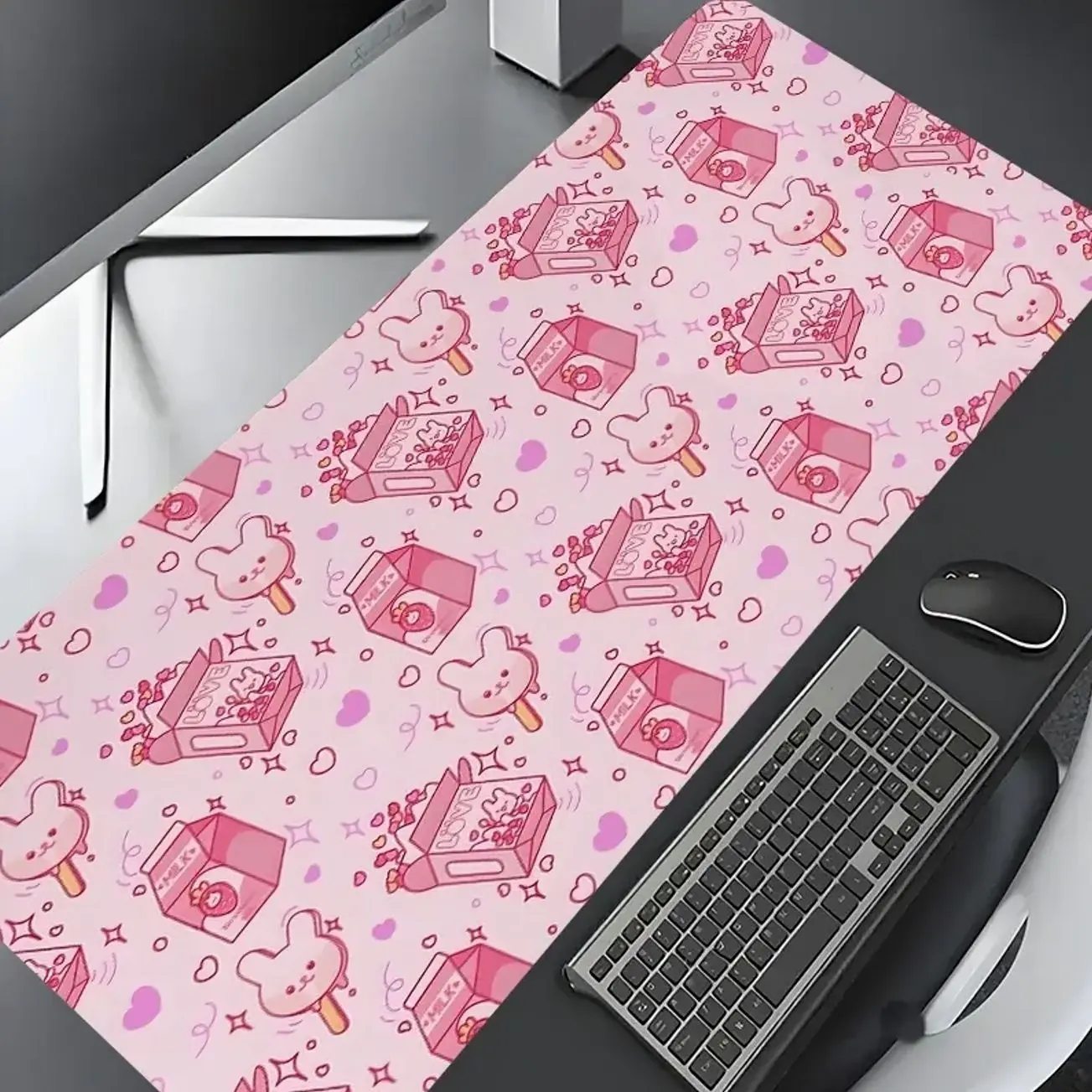 Kawaii Pink Bunny Strawberry Milk Design Large Gaming Mouse Pad,Desktop Protection,Washable Rubber Non-Slip Lock Edge Multi-Size For Home Office,Gift for Family & Friends,Cute Desk Accessories,Office Essentials,Cute Office Supplies For Work