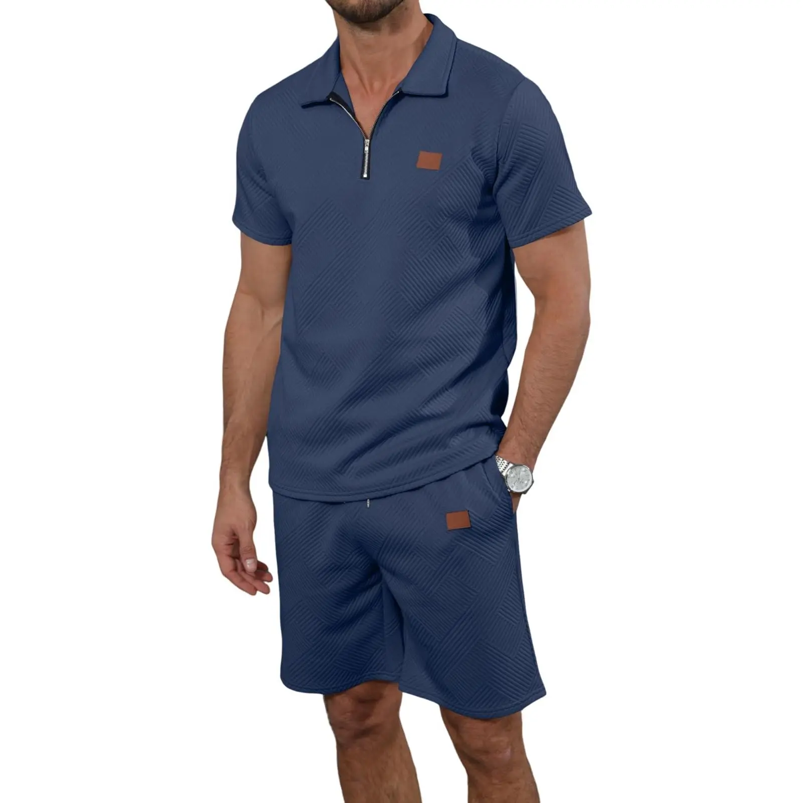 Men's 2 Piece Sweatsuits Outfits Jacquard Zip Polo Shirt Sweatshirt Joggers Sweatpants Tracksuit Set