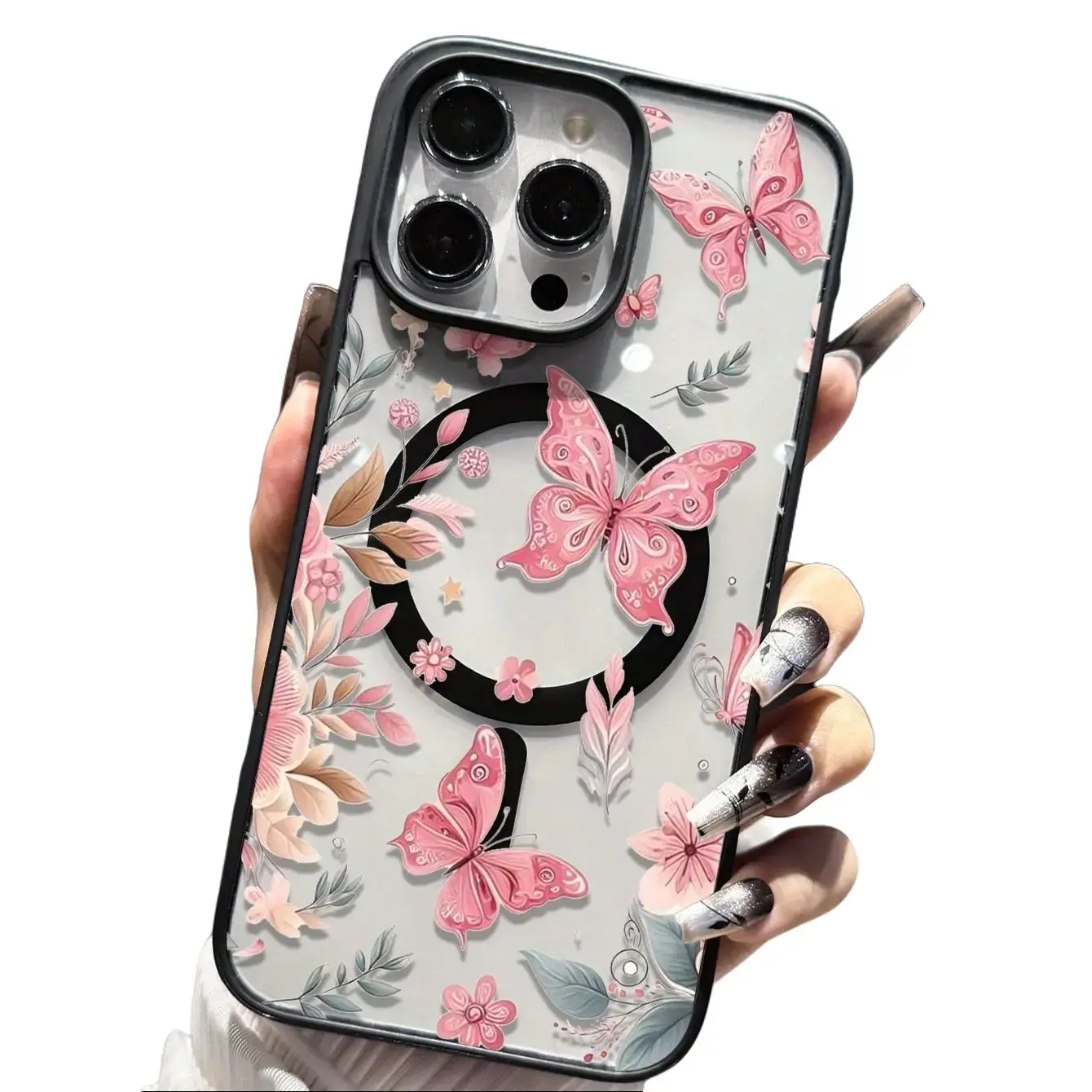 Pink Pressed Flower Butterfly Phone Case, Meadowcore MagSafe Clear Style for iPhone 17 16 15 14 13 12 11 X Plus Pro Max, Butterfly Lover Gift
