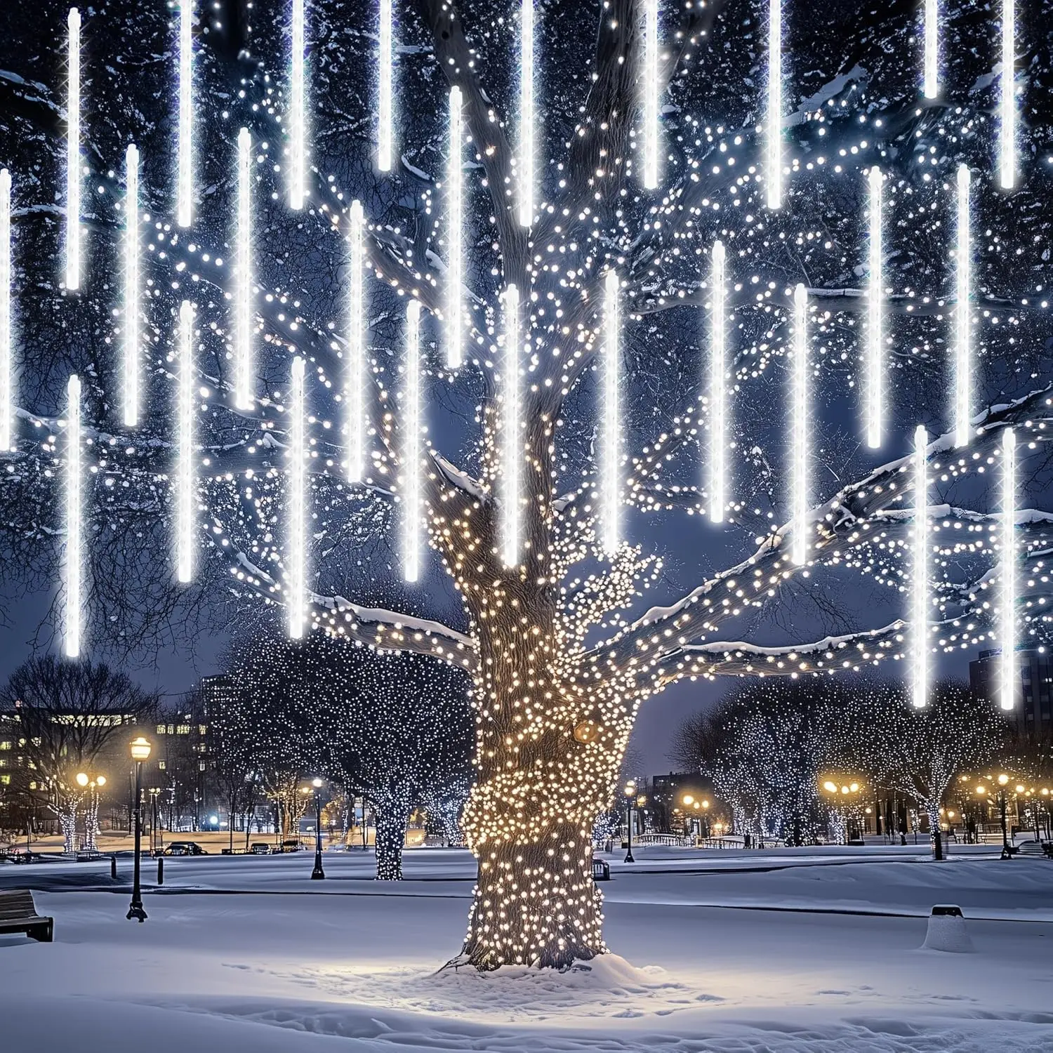 864 LED Christmas Light, Meteor Shower Rain Lights 11.8 Inch 24 Tubes,  Plug in Falling Rain Lights Christmas Decorations for Xmas Bushes Tree Yard Party (White)