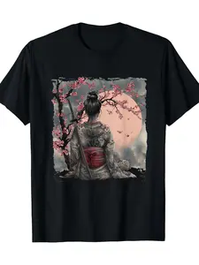 japanese geisha japanese samurai girl cherry blossom 220g 100 cotton t-shirt, modern graphic feel, office commute, Christmas Eve, Thanksgiving, for students, breathable comfort