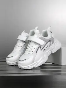 Unisex Striped Letter Sneakers, Breathable Mesh Dad Shoes, Kids Velcro Soft Sole Shock Absorption, Campus Student Casual Athletic Soft Breathable Sports Shoes