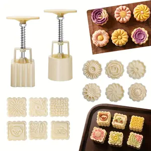 Mooncake Mold Set Includes 2 Molds & 12 Stamps Flower Round Square Cookie Molds DIY Hand Press Stamp Baking Tools Bakeware Mid-Autumn Festival Party