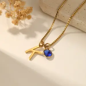 Personalized Initial Necklace with Birthstone 18K Gold Plated Stainless Steel 45cm Chain Gift for Women  Mother's Day Gift Wives Waterproof Adjustable Charm Fashion Alphabet Pendant Goldplated Letters Pendant