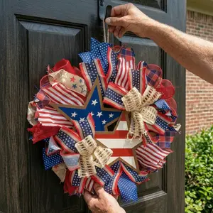 13.77inch Summer Patriotic Front Door Wreath 4th July Independence Day Wreath America Patriotic Flag Farmhouse Wreath Memorial Day Decoration Stars