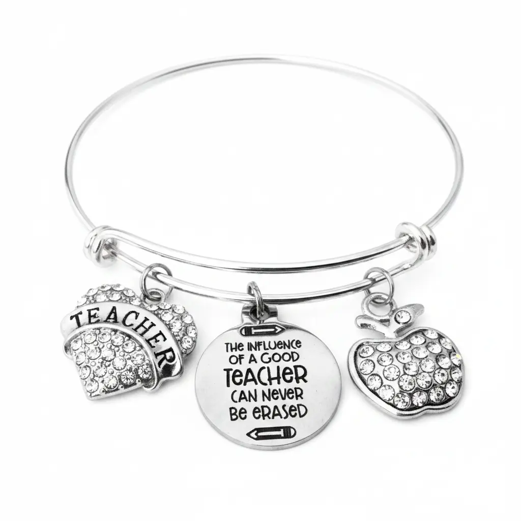 Teacher Appreciation Charm Bracelet – Silver Expandable Bangle with Rhinestone Teacher & Apple Charms and Inspirational Quote Disc