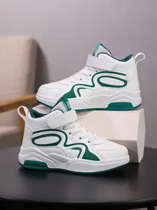 Children High-Top Sports Shoes for Boys and Girls, PU Leather Casual Running Shoes, Anti-Slip Sole, Velcro Closure, Colorblock Style, Casual Trainers