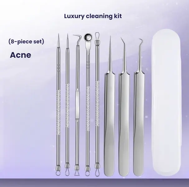 8PCS Blackhead Remover Comedone Extractor, Curved Blackhead Tweezers Kit, Professional Stainless Pimple Acne Blemish Removal Tools Kit for Manual