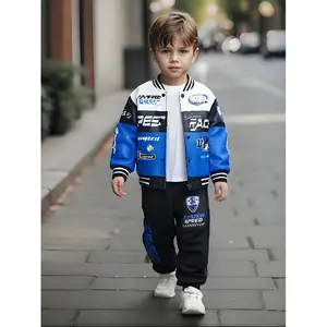 A Two-Piece Set for Boys Featuring a Casual Baseball Jacket And Pants, Designed for American Sports Style with Motorcycle Prints. Suitable for School Commutes And Everyday Wear, Ideal for Spring And Autumn (The Hoodie Is for Reference Only)