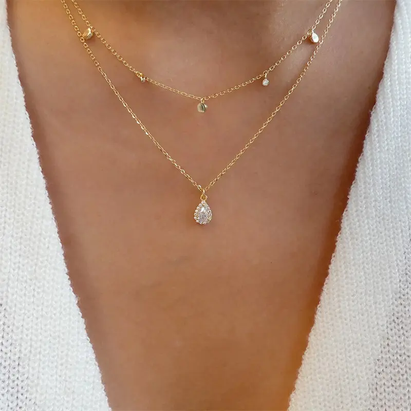 Multi-layer crystal necklace stacked jewelry new gold-plated water drop celebrity long sweater chain women