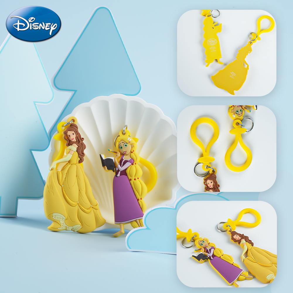 1PC Disney Princess Keychain Officially Licensed Collectible Belle Rapunzel Gorgeous Gown Dress Anime Peripheral Backpack Decoration Car key Pendant Desk Ornament Durable PVC Rubber Gift