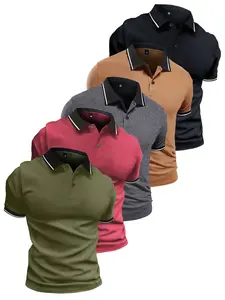 5 Pack lightweight men’s short-sleeve summer polo shirts with button collar—fashionable casual athletic wear for travel, work, golf, fishing, and camping; a great gift for a boyfriend or husband; holiday trend training/fitness apparel.
