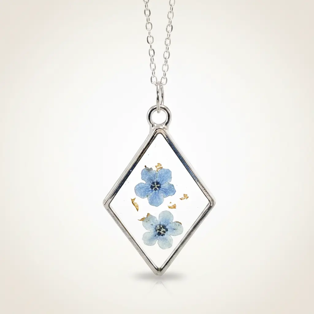 Forget-Me-Not Artistic Decorative Flower Necklace, Real Pressed Flower Resin Pendant with Gold Flakes, Memorial Meaningful Gift, Artistic Necklaces, Decorative Flower Necklaces