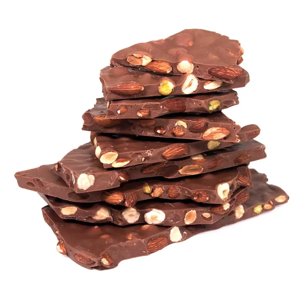 Jacques Torres Chocolate's Belgian Milk Chocolate Bark with Roasted Pistachios Almonds & Hazelnuts Creamy Delectable Snack