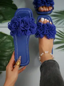 French Style Elegant Flat Slippers for Women, Trendy Sandals, Elegant Floral Sandals, Summer New Square Toe Flower Design, Casual Outdoor Beach Footwear, Perfect for Dates and Daily Use