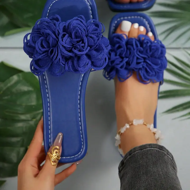 French Style Elegant Flat Slippers for Women, Trendy Sandals, Classy Sandals, Fancy Sandals, Elegant Floral Sandals, Summer New Square Toe Flower Design, Casual Outdoor Beach Footwear, Perfect for Dates and Daily Use