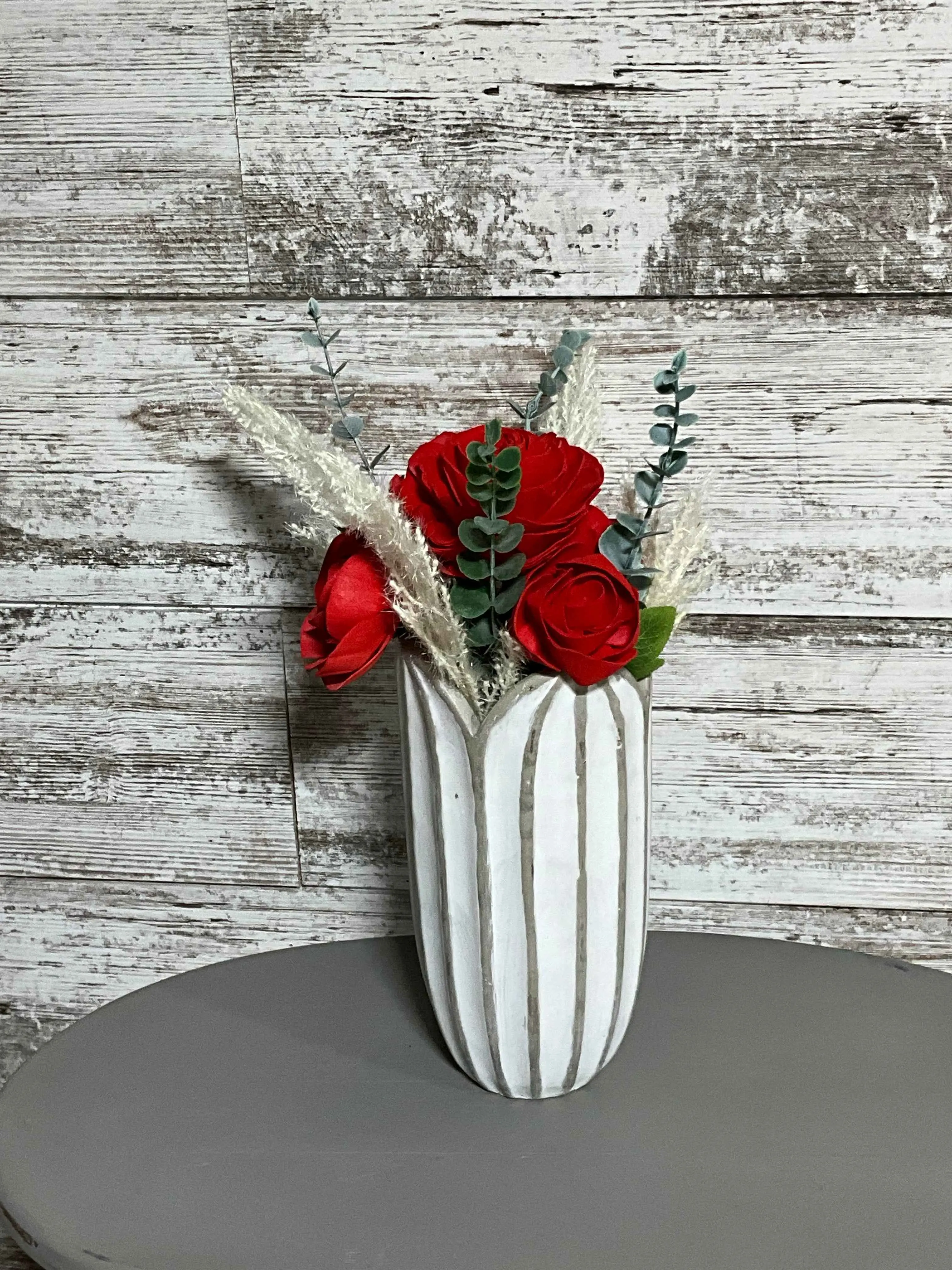Captivating Red Rose Sola Flower Arrangement with Stylish White Concrete Vase