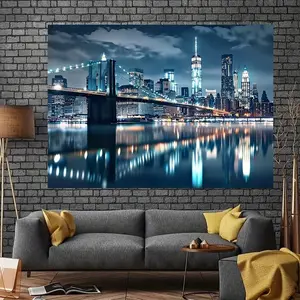 New York City Night Skyline Tapestry - Polyester Wall Hanging for Home & Party Decor, Perfect for Photo Backdrops & EventsDurable Wall Tapestry | Soft Peach Skin Fabric| 100% Polyester| 2D Flat