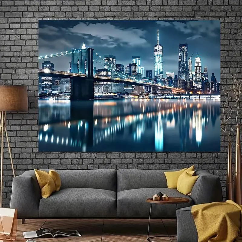 New York City Night Skyline Polyester Tapestry - Soft Peach Skin Fabric Wall Hanging, Durable 2D Flat Decor for Indoors & Home Decor, Photo Backdrops