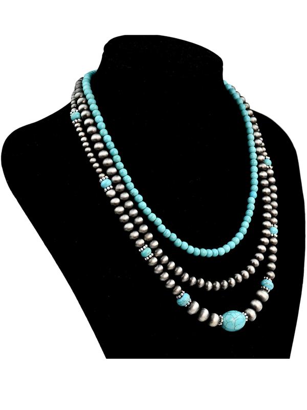3pcs Vintage CCB Antique Lacquer Plated Beads Necklaces for Women, Synthetic Turquoise Jewelry Set, Elegant Western Style Modern Versatile Accessories
