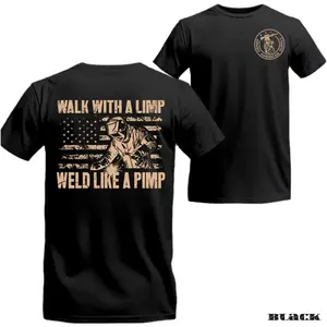 FEEGO Welding T-Shirt - "Walk With a Limp, Weld Like a Pimp" with Welding Helmet Design, Comfortable Cotton, Ideal for Welders and American Pride Enthusiasts, Relaxed Fit, Unisex Menswear Top Shortsleeve