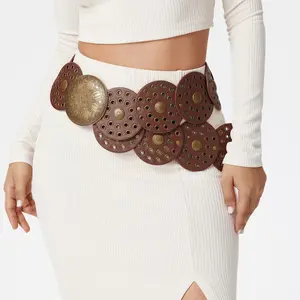 VirtusNoir Boho Big Belts PU Leather Oval Studded Concho Belt Y2K Hippie Retro Vintage Unisex Belts 90s Vintage Disc Belts Whimsical Wicca Witchy Belt Brown