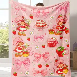 Cute Strawberry Shortcake Themed Blanket – Adorable Kawaii Pastry & Strawberry Print Soft Throw for Bedroom Decor, Movie Nights & Cute Gift Ideas!A gift suitable for fans, friends and children Suitable for use in offices, sofas, and travel settings, etc.