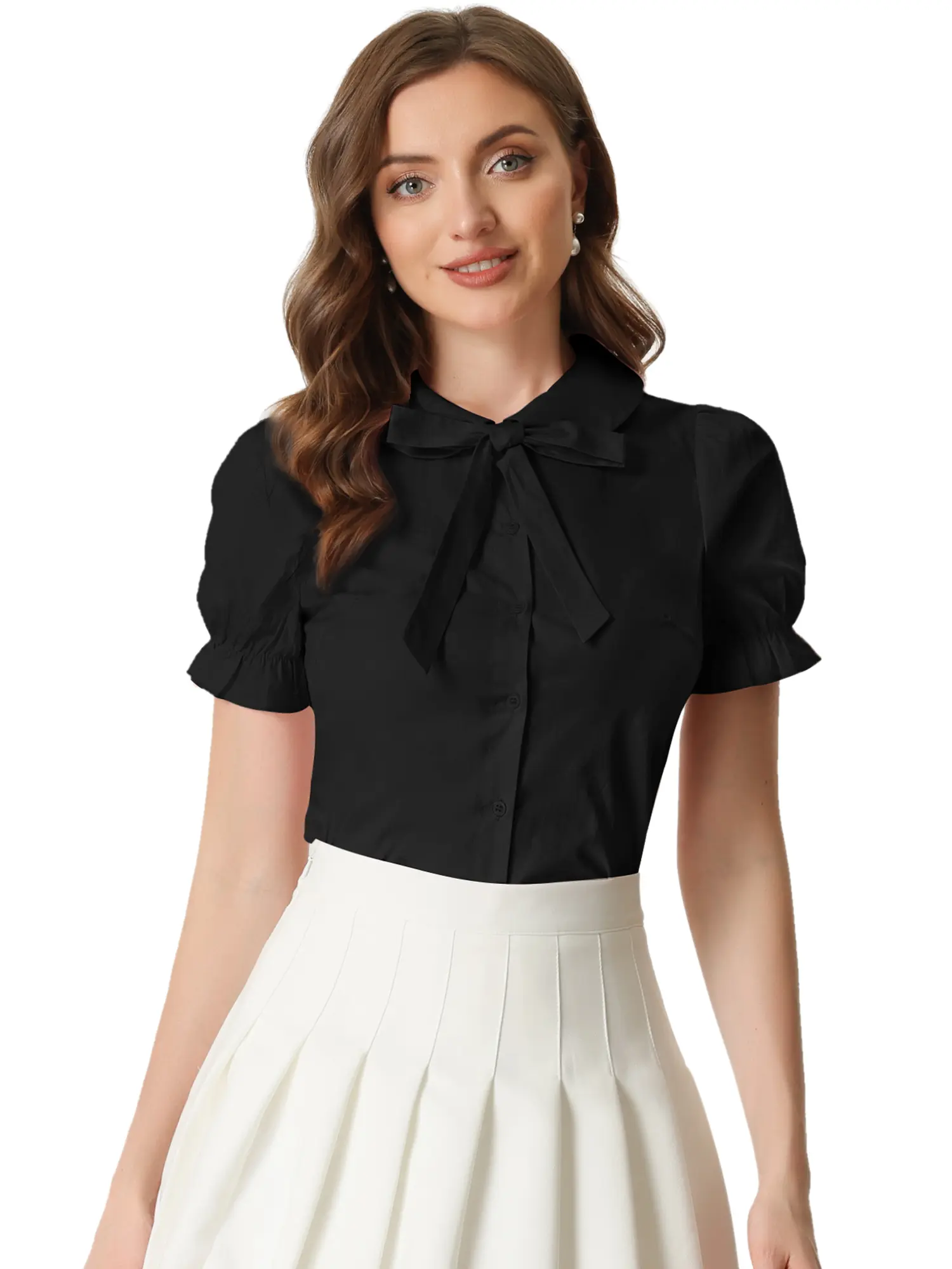 INSPIRE CHIC Vintage Peter Pan Collar Tie Neck Casual Cute Cotton Button-Up Shirt