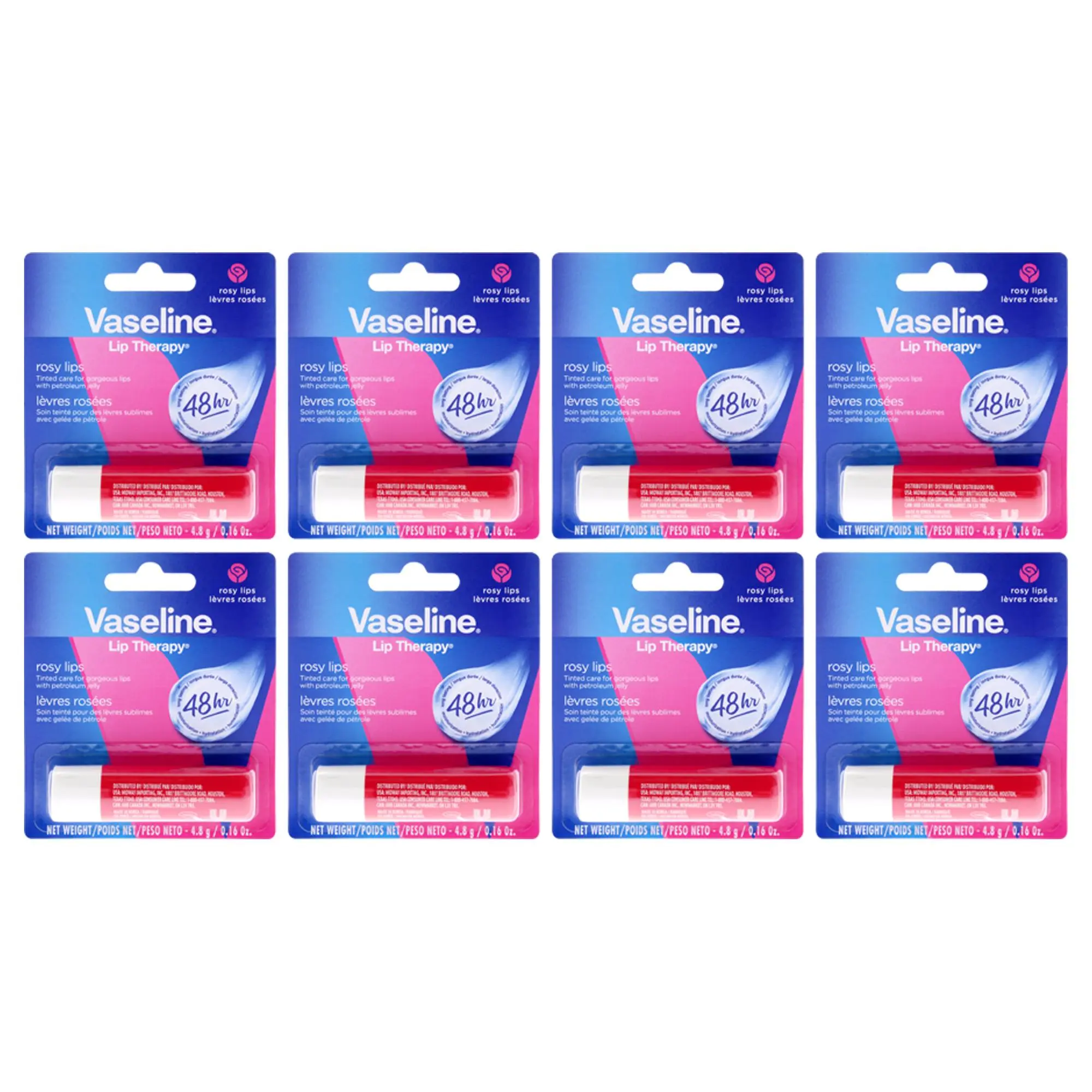 Lip Therapy Petroleum Jelly - Rosy by Vaseline for Women - 0.16 oz Lip Balm - Pack of 8, 0.16 Fl Oz, Women Lips