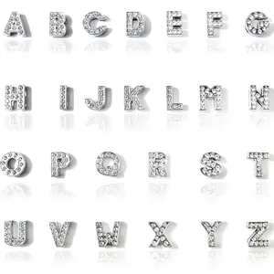52 count 8mm Full Rhinestones Slide Alphabet Letters Charms A-Z Alphabet Charms for DIY Necklace Choker Wristbands Bracelets Jewelry Making Charms Supplies, Sliver