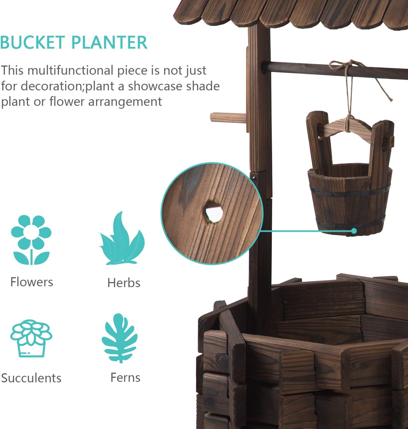 Aoxun Wooden Wishing Well Planter with Hanging Bucket for Flower and Plants Indoor and Outdoor, Rustic Flower Planter Patio Garden Ornamental, Home Decor, Brown