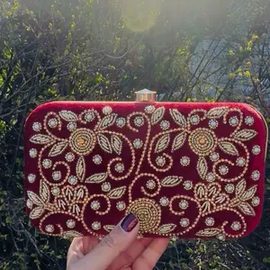 Zardozi Beautiful Red and Gold Clutch with Beads Work, Elegant Design, Perfect for Special Occasions