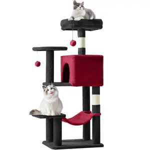  Cool Black & Red Cat Activity Center! 44Inch Dynamic Play Tower with Balls, Hammock, Sisal Posts. For Energetic Fun & Climbing.